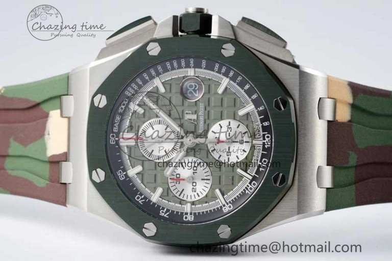Royal Oak Offshore 44mm SS Green Ceramic Bezel APF 1:1 Best Edition Green Silver Dial on Camo Rubber Strap A Contemporary 4718