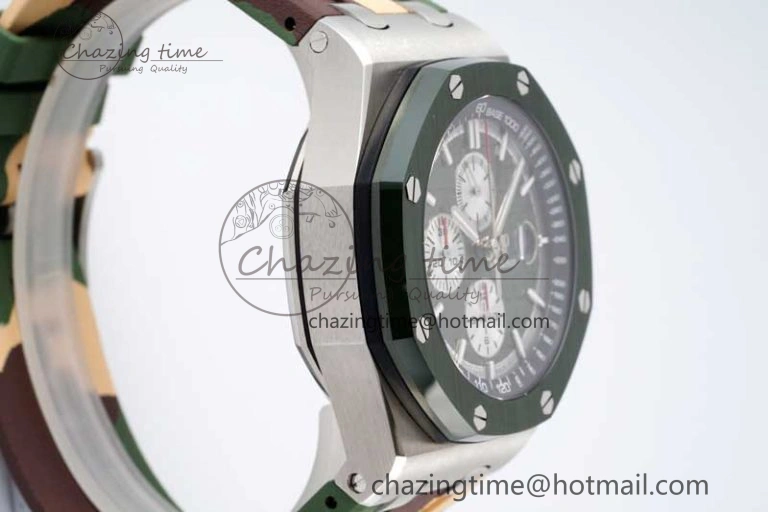 Royal Oak Offshore 44mm SS Green Ceramic Bezel APF 1:1 Best Edition Green Silver Dial on Camo Rubber Strap A Contemporary 4718
