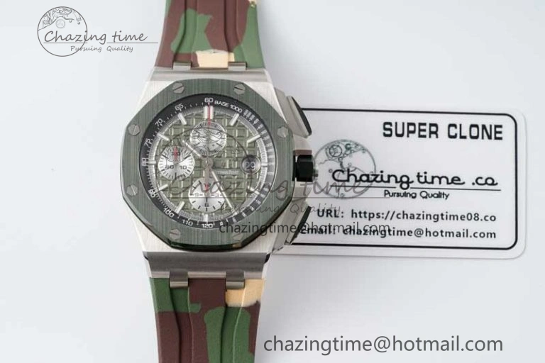 Royal Oak Offshore 44mm SS Green Ceramic Bezel APF 1:1 Best Edition Green Silver Dial on Camo Rubber Strap A Contemporary 4718