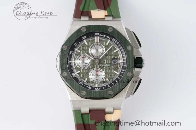 Royal Oak Offshore 44mm SS Green Ceramic Bezel APF 1:1 Best Edition Green Silver Dial on Camo Rubber Strap A Contemporary 4718