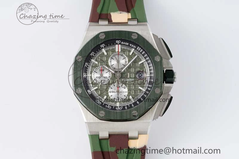 Royal Oak Offshore 44mm SS Green Ceramic Bezel APF 1:1 Best Edition Green Silver Dial on Camo Rubber Strap A Contemporary 4718
