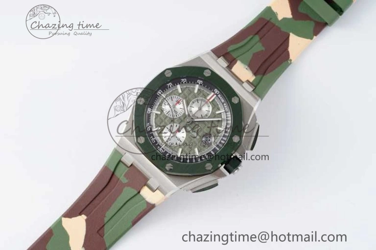 Royal Oak Offshore 44mm SS Green Ceramic Bezel APF 1:1 Best Edition Green Silver Dial on Camo Rubber Strap A Contemporary 4718