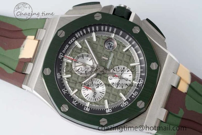 Royal Oak Offshore 44mm SS Green Ceramic Bezel APF 1:1 Best Edition Green Silver Dial on Camo Rubber Strap A Contemporary 4718