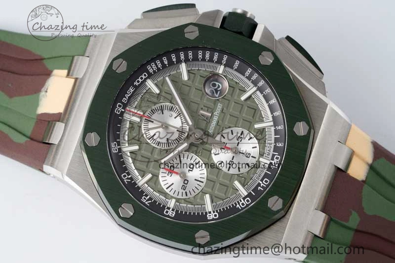 Royal Oak Offshore 44mm SS Green Ceramic Bezel APF 1:1 Best Edition Green Silver Dial on Camo Rubber Strap A Contemporary 4718