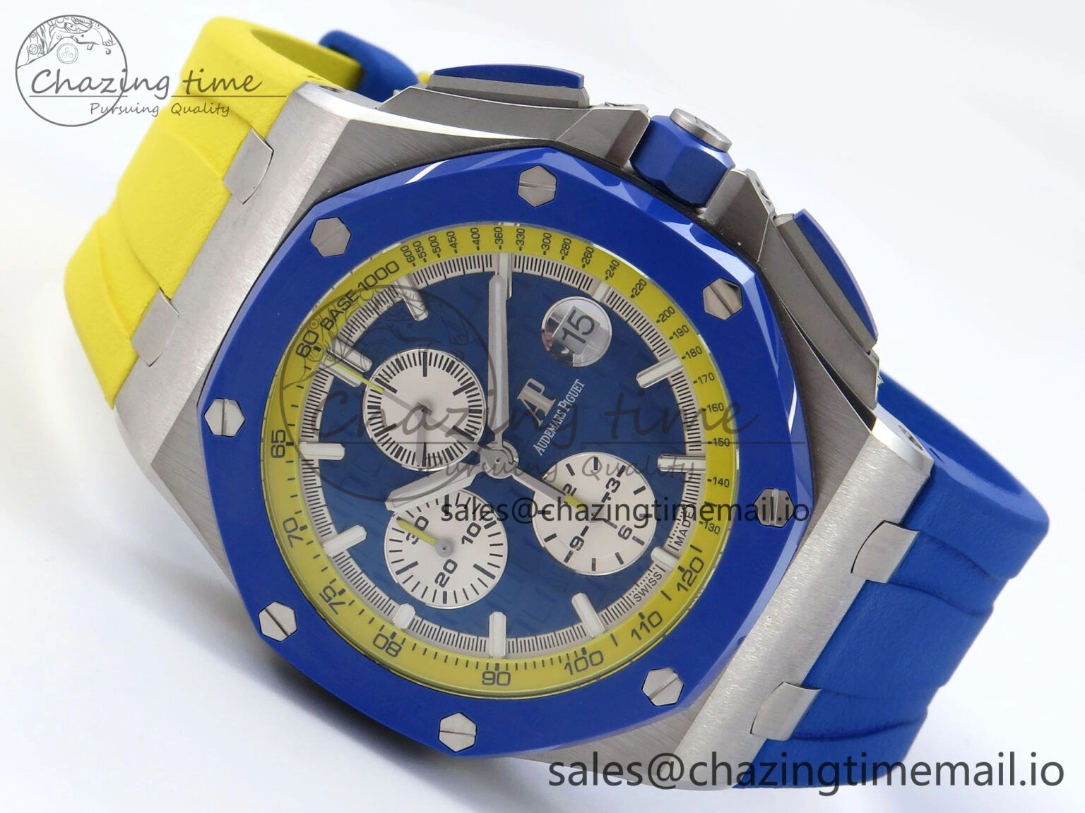 Durable Royal Oak Offshore 44mm SS TKF 1:1 Best Edition Blue Yellow Dial on Blue Yellow Rubber Strap A 4359