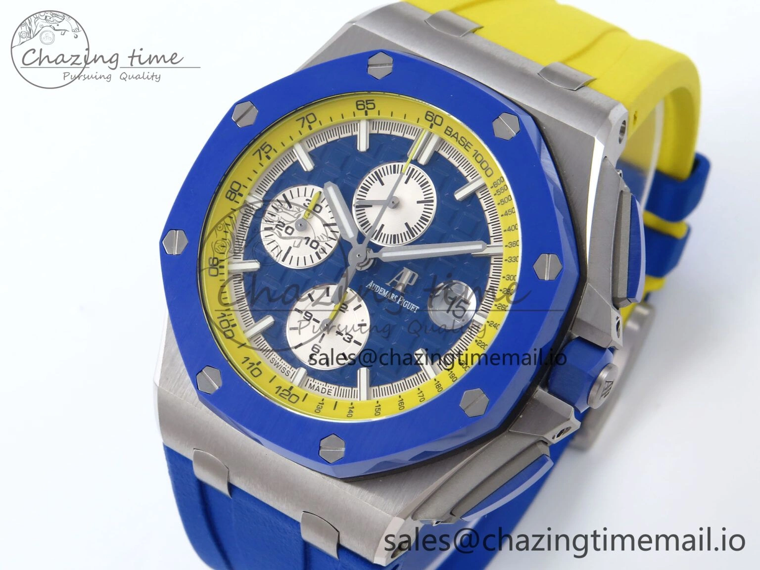 Durable Royal Oak Offshore 44mm SS TKF 1:1 Best Edition Blue Yellow Dial on Blue Yellow Rubber Strap A 4359