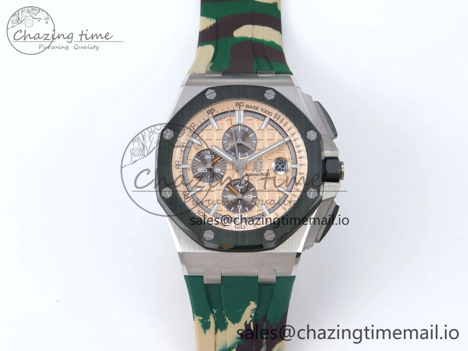 Royal Oak Offshore 44mm SS TKF 1:1 Best Edition Cream Dial on Green Camou Rubber Strap A SmoothTexture 4364