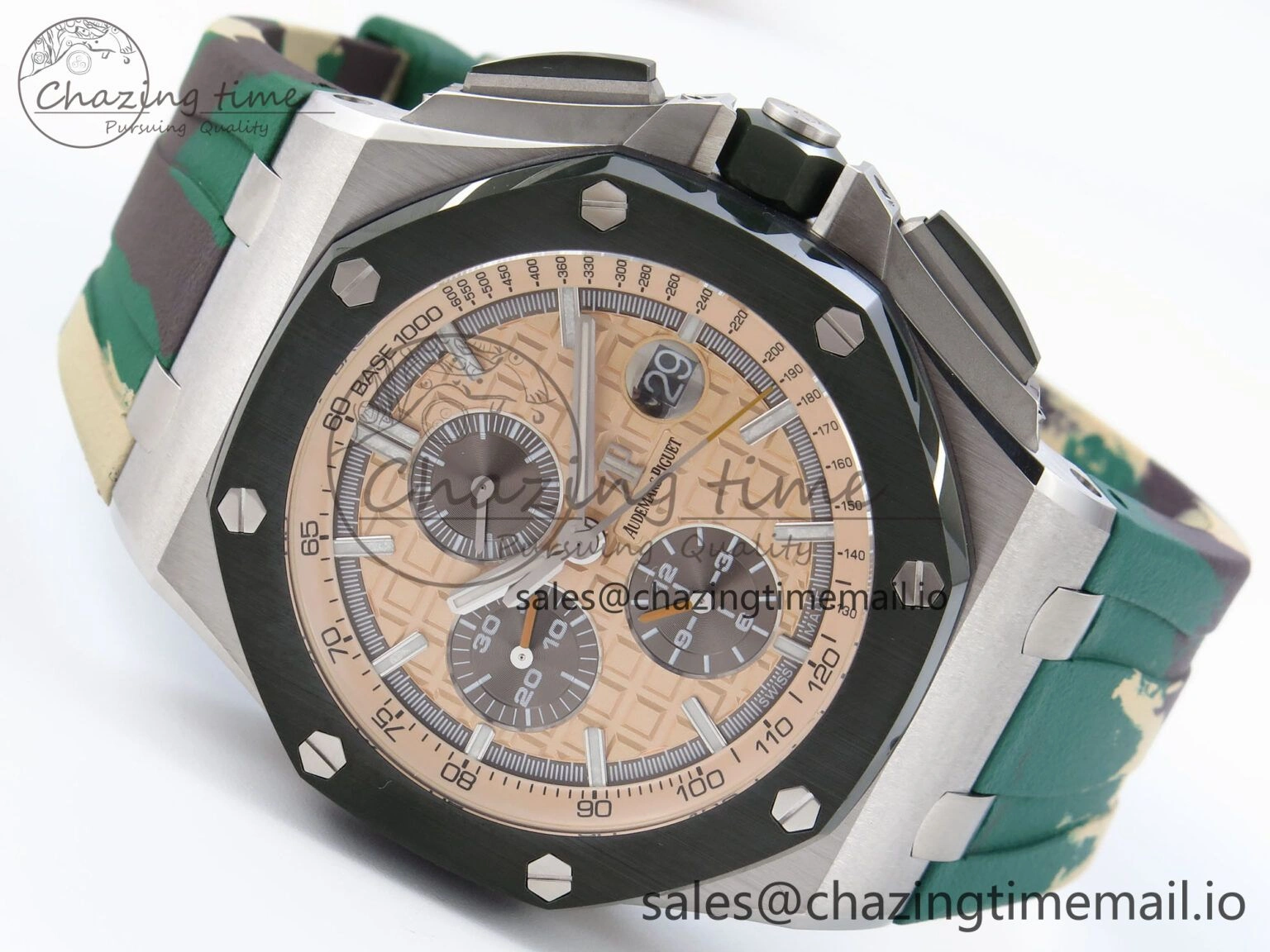 Royal Oak Offshore 44mm SS TKF 1:1 Best Edition Cream Dial on Green Camou Rubber Strap A SmoothTexture 4364