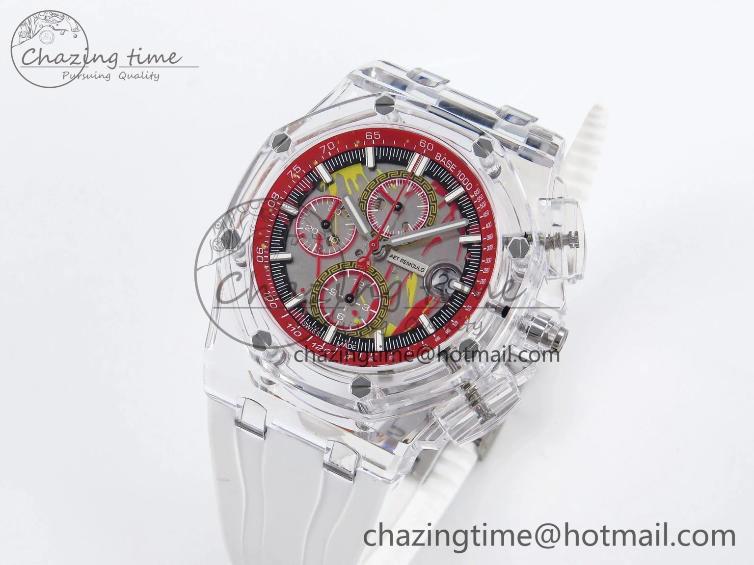 Breathable Royal Oak Offshore 44mm Transparent APF Best Edition Red Dial on White Rubber Strap A 4580