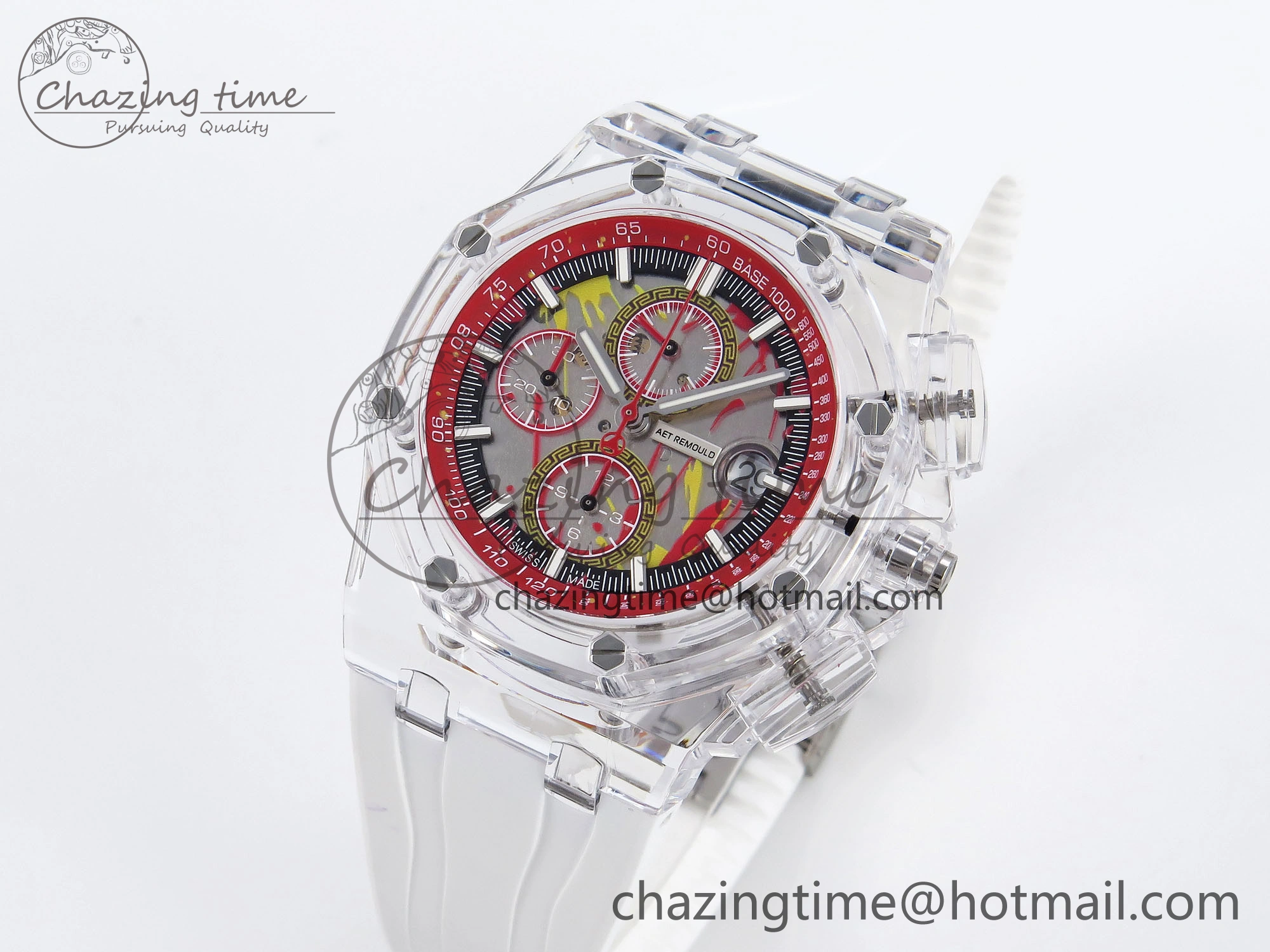 Breathable Royal Oak Offshore 44mm Transparent APF Best Edition Red Dial on White Rubber Strap A 4580
