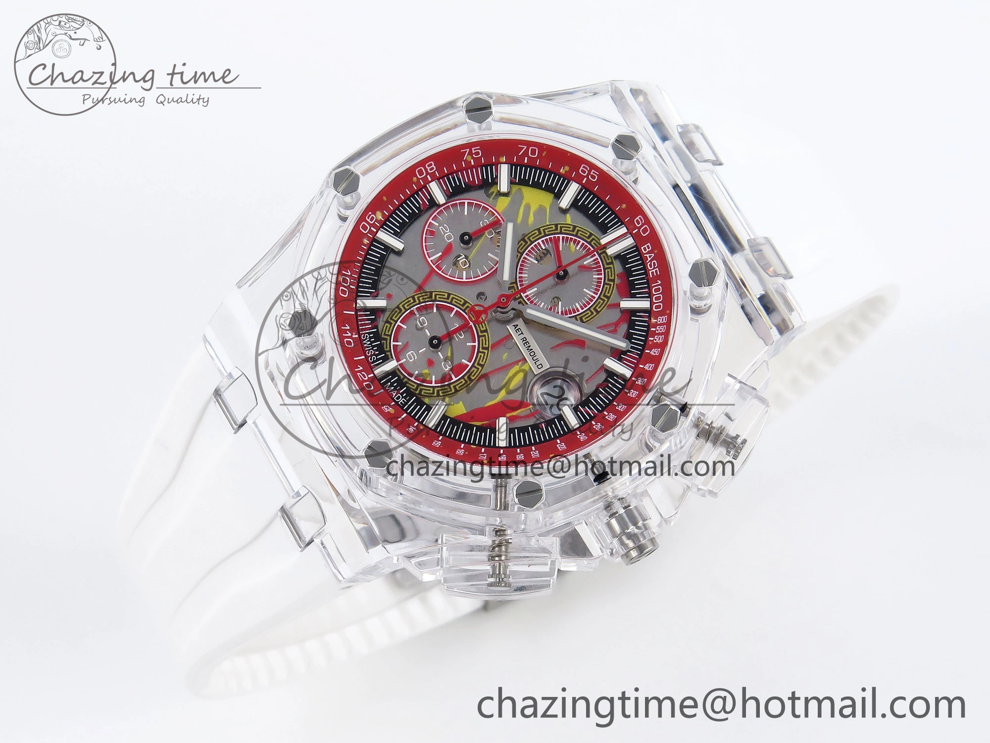 Breathable Royal Oak Offshore 44mm Transparent APF Best Edition Red Dial on White Rubber Strap A 4580