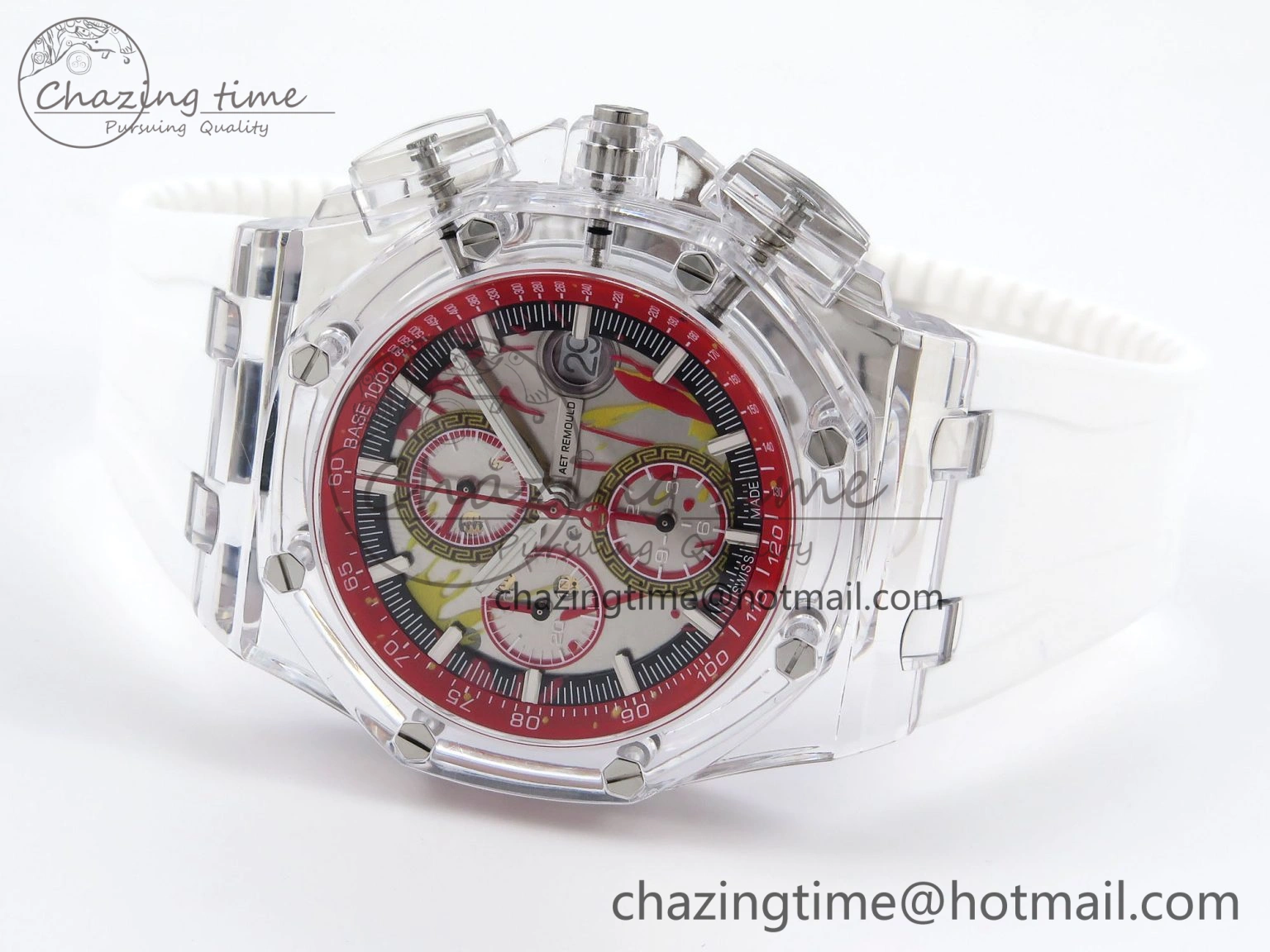 Breathable Royal Oak Offshore 44mm Transparent APF Best Edition Red Dial on White Rubber Strap A 4580