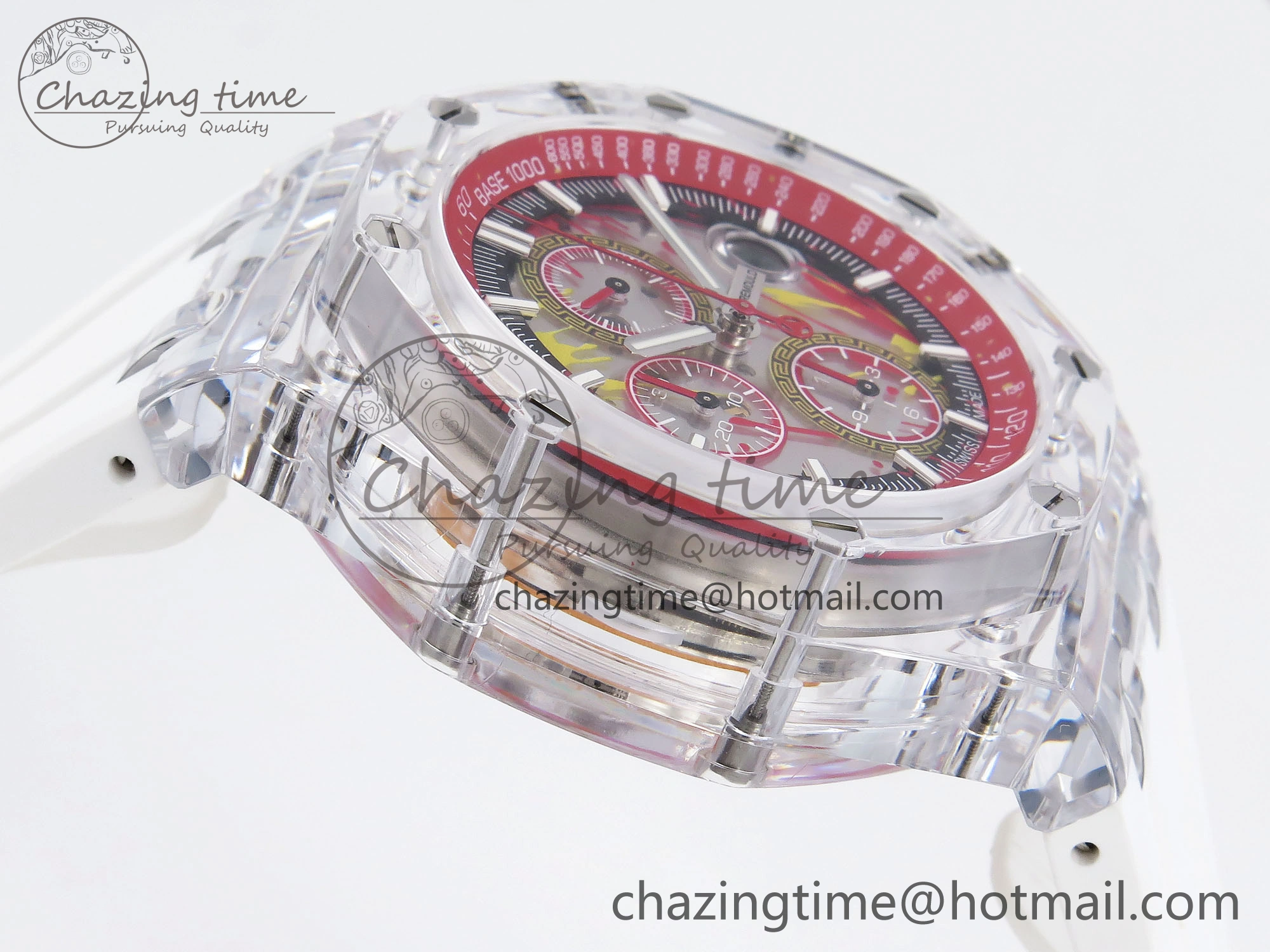 Breathable Royal Oak Offshore 44mm Transparent APF Best Edition Red Dial on White Rubber Strap A 4580