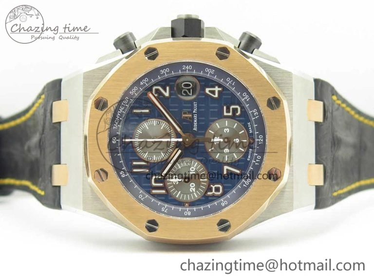 Royal Oak Offshore Bucherer JF Best Edition Two Tone Blue Dial on Black Leather Strap A3126 (Free Rubber Strap) Stretchable 4886