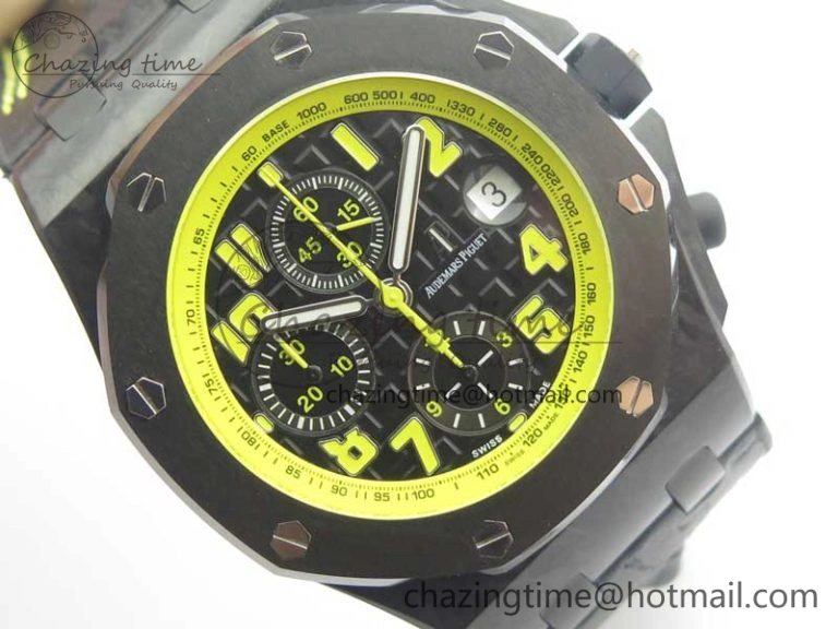 Comfortable Royal Oak Offshore Bumble Bee Forged Carbon 1:1 JF Best Edition On Leather Strap A7750 V2 w- Cyclops 4946