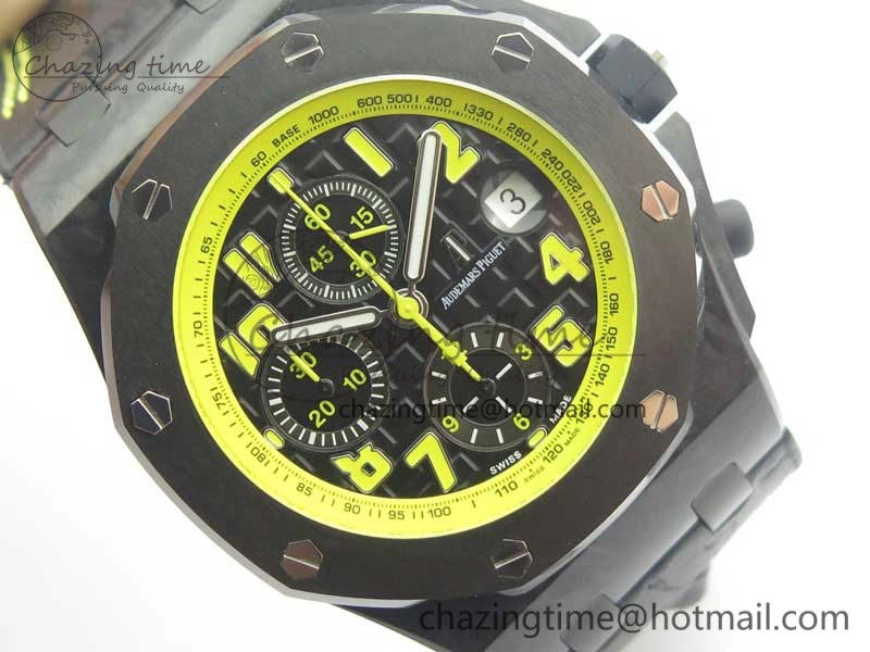 Comfortable Royal Oak Offshore Bumble Bee Forged Carbon 1:1 JF Best Edition On Leather Strap A7750 V2 w- Cyclops 4946