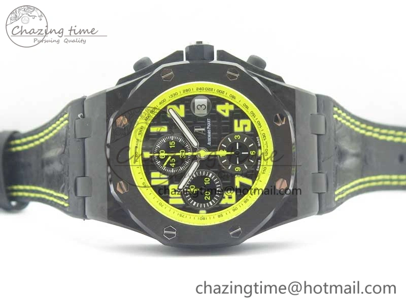 Comfortable Royal Oak Offshore Bumble Bee Forged Carbon 1:1 JF Best Edition On Leather Strap A7750 V2 w- Cyclops 4946