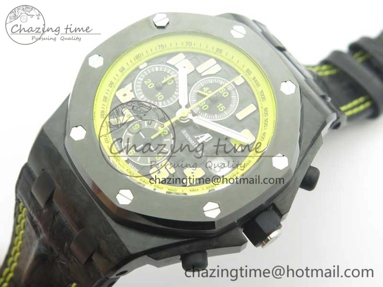 Comfortable Royal Oak Offshore Bumble Bee Forged Carbon 1:1 JF Best Edition On Leather Strap A7750 V2 w- Cyclops 4946