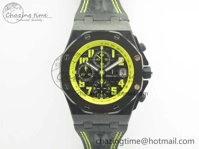 Comfortable Royal Oak Offshore Bumble Bee Forged Carbon 1:1 JF Best Edition On Leather Strap A7750 V2 w- Cyclops 4946