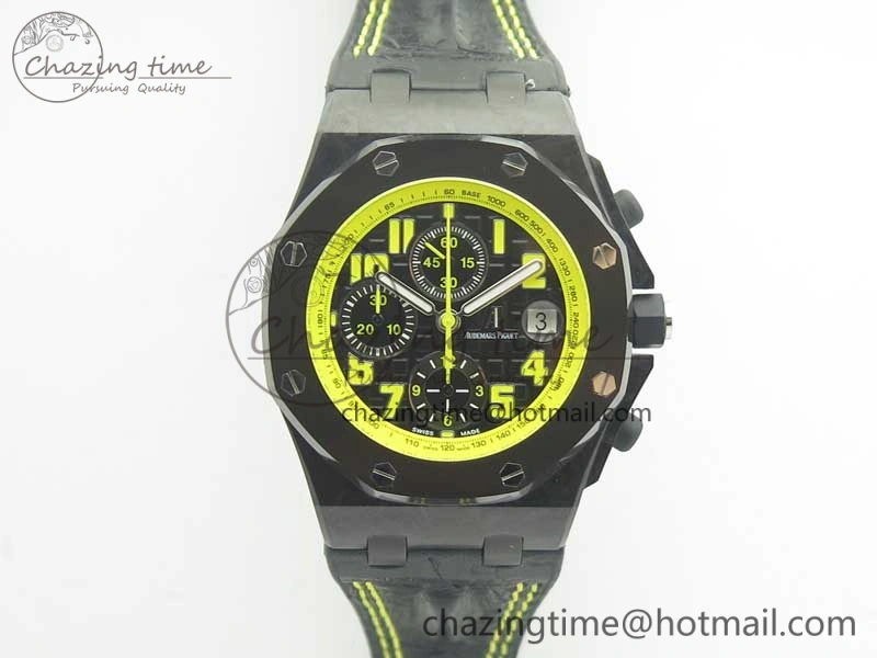 Comfortable Royal Oak Offshore Bumble Bee Forged Carbon 1:1 JF Best Edition On Leather Strap A7750 V2 w- Cyclops 4946