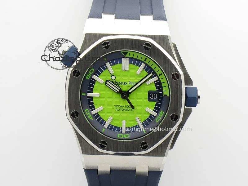 Royal Oak Offshore Diver 2017 Green 15710 JF 1:1 Best Edition On Blue Rubber Strap A3120 (Free XS Rubber Strap) Casual 5026
