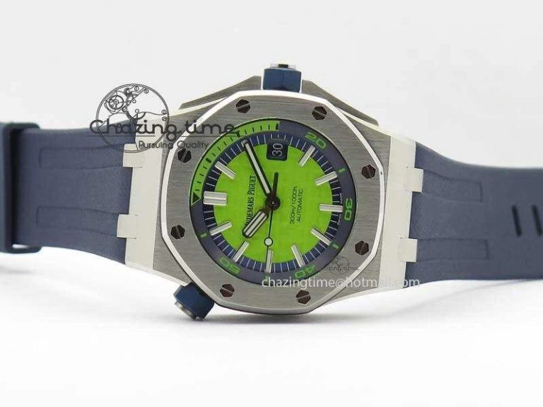 Royal Oak Offshore Diver 2017 Green 15710 JF 1:1 Best Edition On Blue Rubber Strap A3120 (Free XS Rubber Strap) Casual 5026