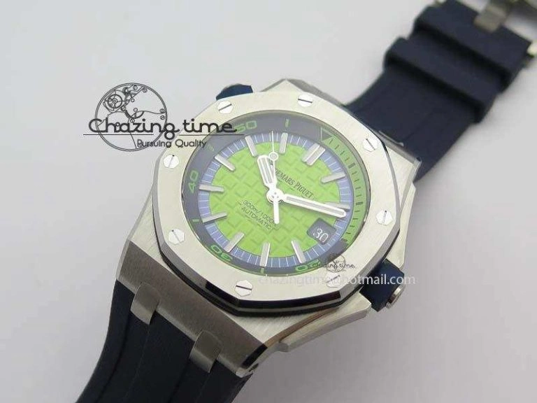 Royal Oak Offshore Diver 2017 Green 15710 JF 1:1 Best Edition On Blue Rubber Strap A3120 (Free XS Rubber Strap) Casual 5026