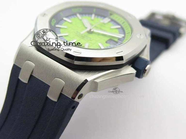 Royal Oak Offshore Diver 2017 Green 15710 JF 1:1 Best Edition On Blue Rubber Strap A3120 (Free XS Rubber Strap) Casual 5026