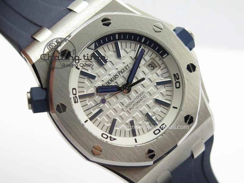 WeatherProof Royal Oak Offshore Diver 2017 White 15710 JF 1:1 Best Edition On Blue Rubber Strap A3120 (Free XS Rubber Strap) 5028