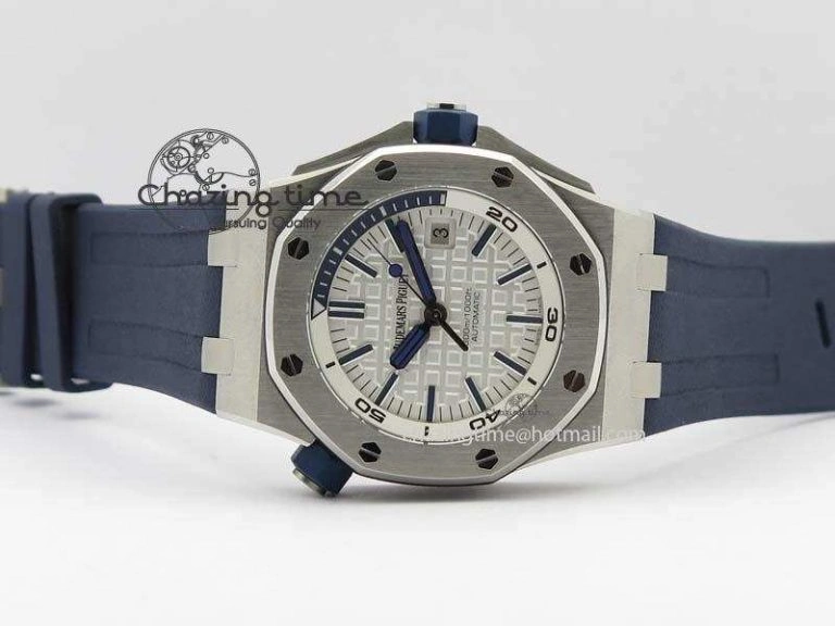 WeatherProof Royal Oak Offshore Diver 2017 White 15710 JF 1:1 Best Edition On Blue Rubber Strap A3120 (Free XS Rubber Strap) 5028