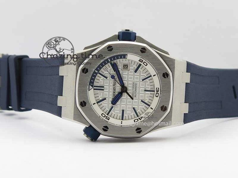 WeatherProof Royal Oak Offshore Diver 2017 White 15710 JF 1:1 Best Edition On Blue Rubber Strap A3120 (Free XS Rubber Strap) 5028