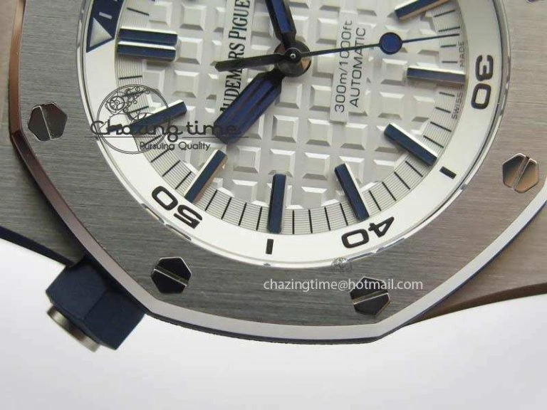 WeatherProof Royal Oak Offshore Diver 2017 White 15710 JF 1:1 Best Edition On Blue Rubber Strap A3120 (Free XS Rubber Strap) 5028