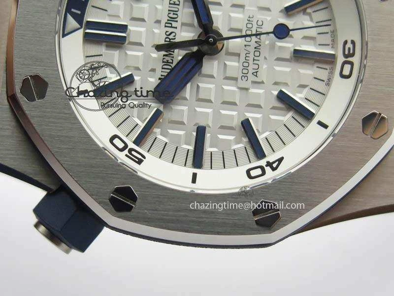 WeatherProof Royal Oak Offshore Diver 2017 White 15710 JF 1:1 Best Edition On Blue Rubber Strap A3120 (Free XS Rubber Strap) 5028