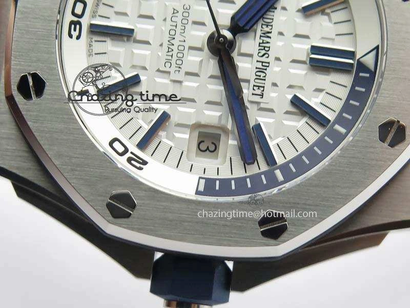 WeatherProof Royal Oak Offshore Diver 2017 White 15710 JF 1:1 Best Edition On Blue Rubber Strap A3120 (Free XS Rubber Strap) 5028
