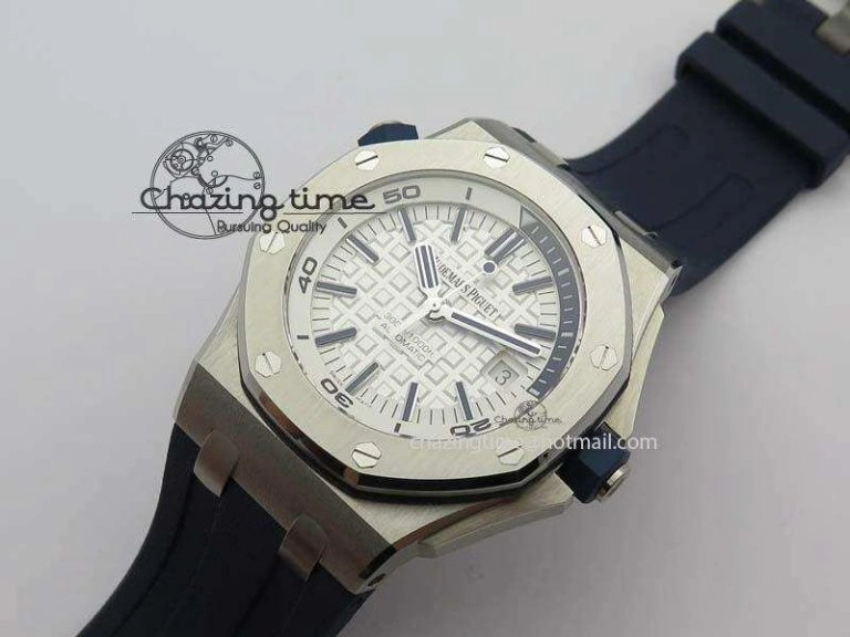 WeatherProof Royal Oak Offshore Diver 2017 White 15710 JF 1:1 Best Edition On Blue Rubber Strap A3120 (Free XS Rubber Strap) 5028