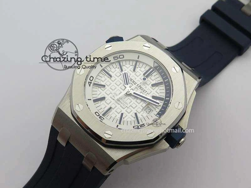 WeatherProof Royal Oak Offshore Diver 2017 White 15710 JF 1:1 Best Edition On Blue Rubber Strap A3120 (Free XS Rubber Strap) 5028