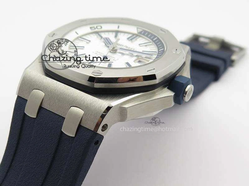 WeatherProof Royal Oak Offshore Diver 2017 White 15710 JF 1:1 Best Edition On Blue Rubber Strap A3120 (Free XS Rubber Strap) 5028