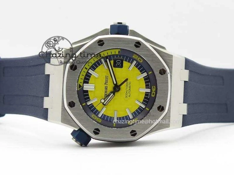 FreshLook Royal Oak Offshore Diver 2017 Yellow 15710 JF 1:1 Best Edition On Blue Rubber Strap A3120 (Free XS Rubber Strap) 5024
