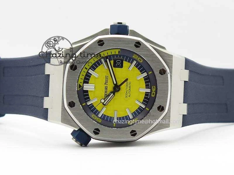 FreshLook Royal Oak Offshore Diver 2017 Yellow 15710 JF 1:1 Best Edition On Blue Rubber Strap A3120 (Free XS Rubber Strap) 5024
