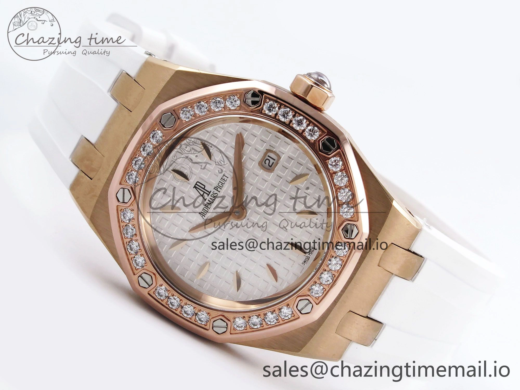 Royal Oak Offshore Ladies 33mm RG DRF Best Edition White Dial Diamonds Bezel on White Rubber Strap ETA Quartz Durable 4399
