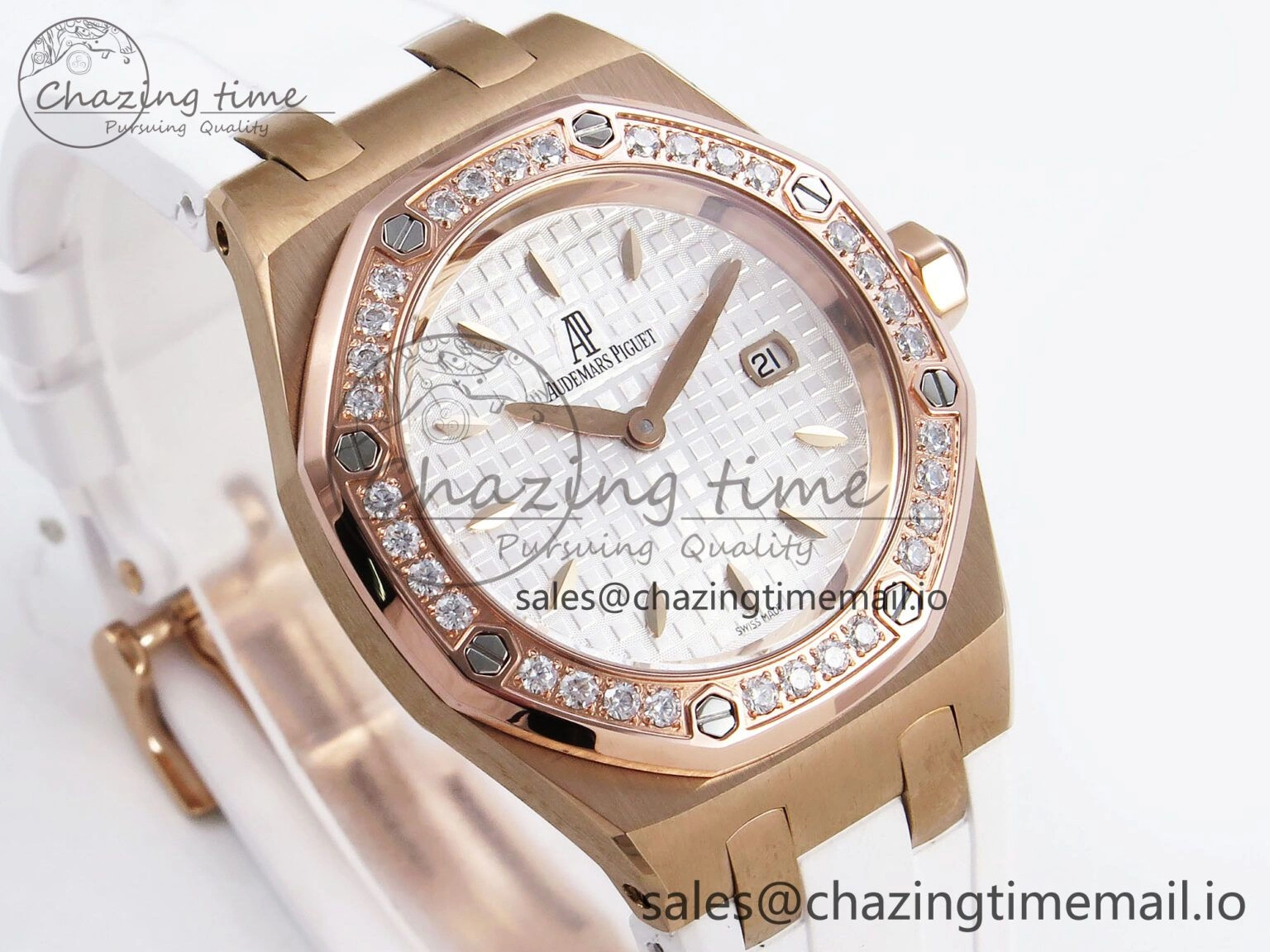 Royal Oak Offshore Ladies 33mm RG DRF Best Edition White Dial Diamonds Bezel on White Rubber Strap ETA Quartz Durable 4399