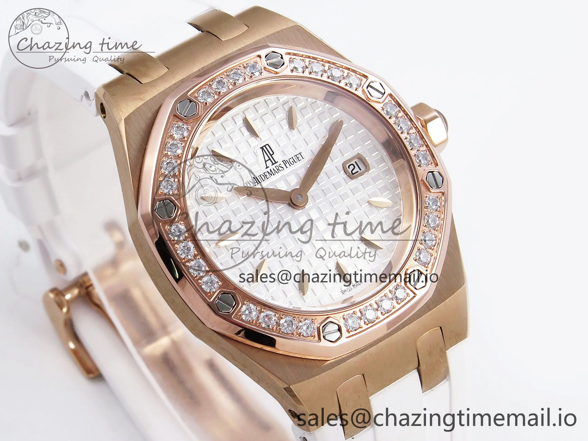 Royal Oak Offshore Ladies 33mm RG DRF Best Edition White Dial Diamonds Bezel on White Rubber Strap ETA Quartz Durable 4399