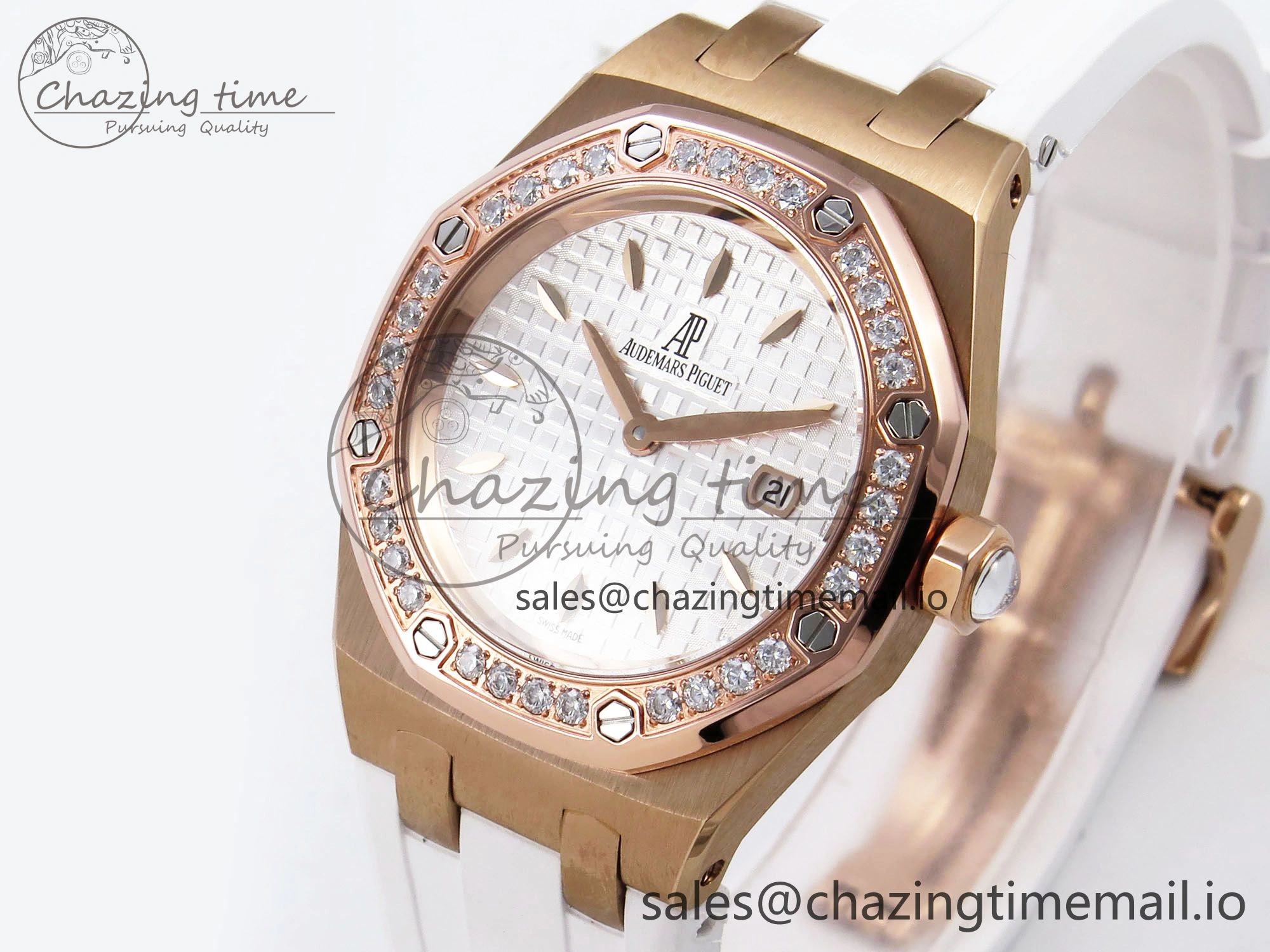 Royal Oak Offshore Ladies 33mm RG DRF Best Edition White Dial Diamonds Bezel on White Rubber Strap ETA Quartz Durable 4399