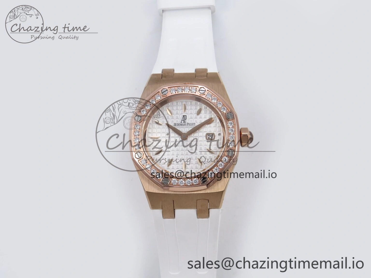 Royal Oak Offshore Ladies 33mm RG DRF Best Edition White Dial Diamonds Bezel on White Rubber Strap ETA Quartz Durable 4399