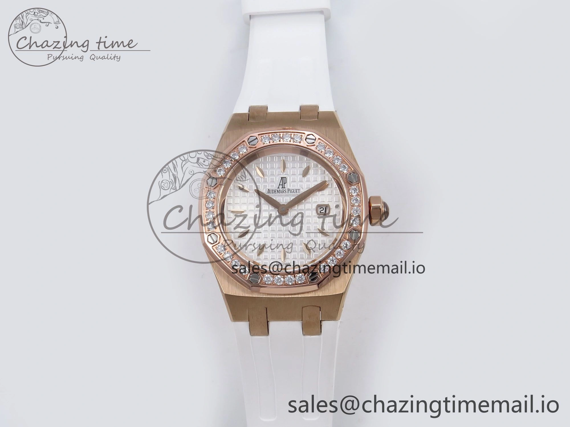 Royal Oak Offshore Ladies 33mm RG DRF Best Edition White Dial Diamonds Bezel on White Rubber Strap ETA Quartz Durable 4399