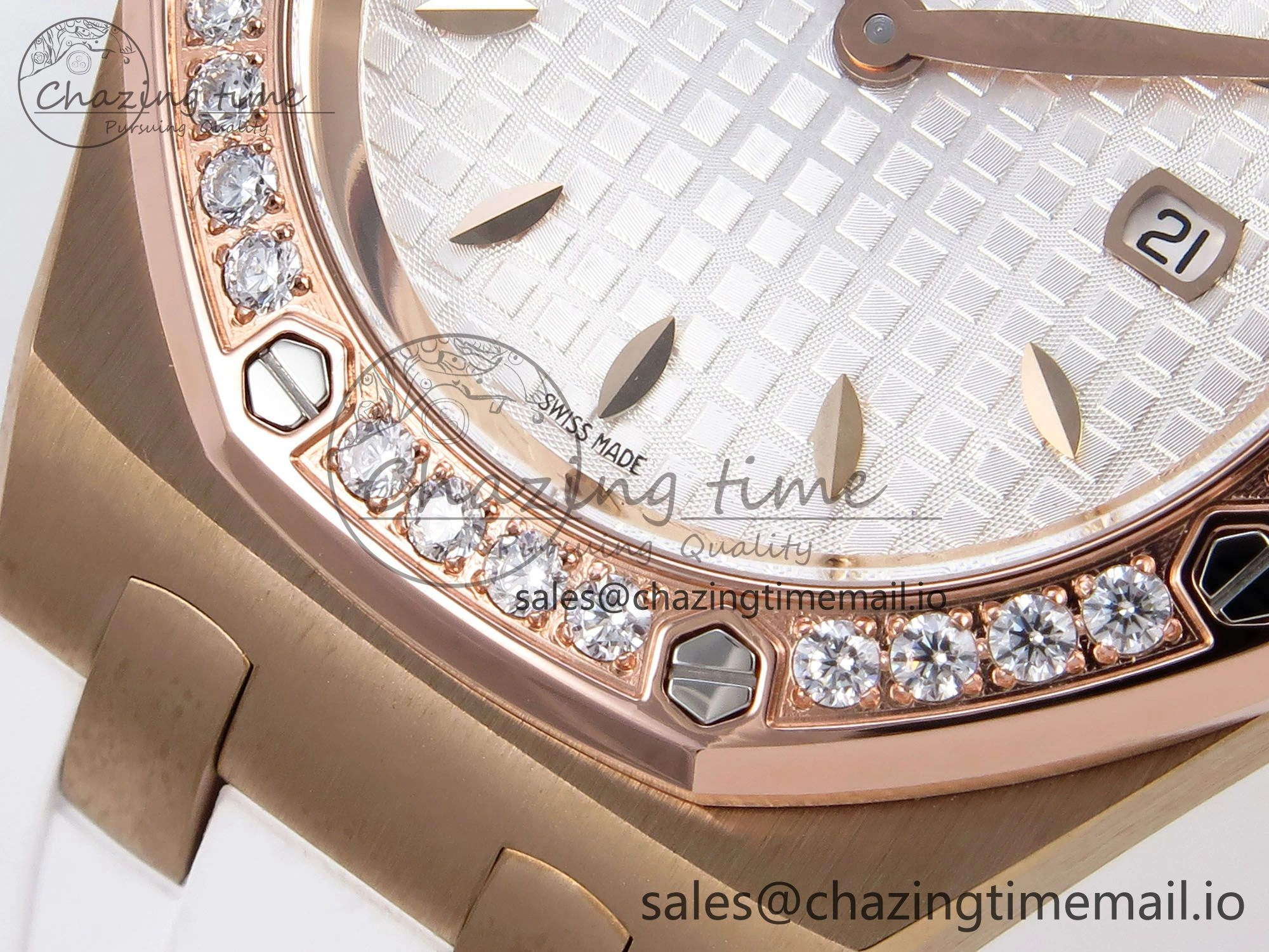 Royal Oak Offshore Ladies 33mm RG DRF Best Edition White Dial Diamonds Bezel on White Rubber Strap ETA Quartz Durable 4399