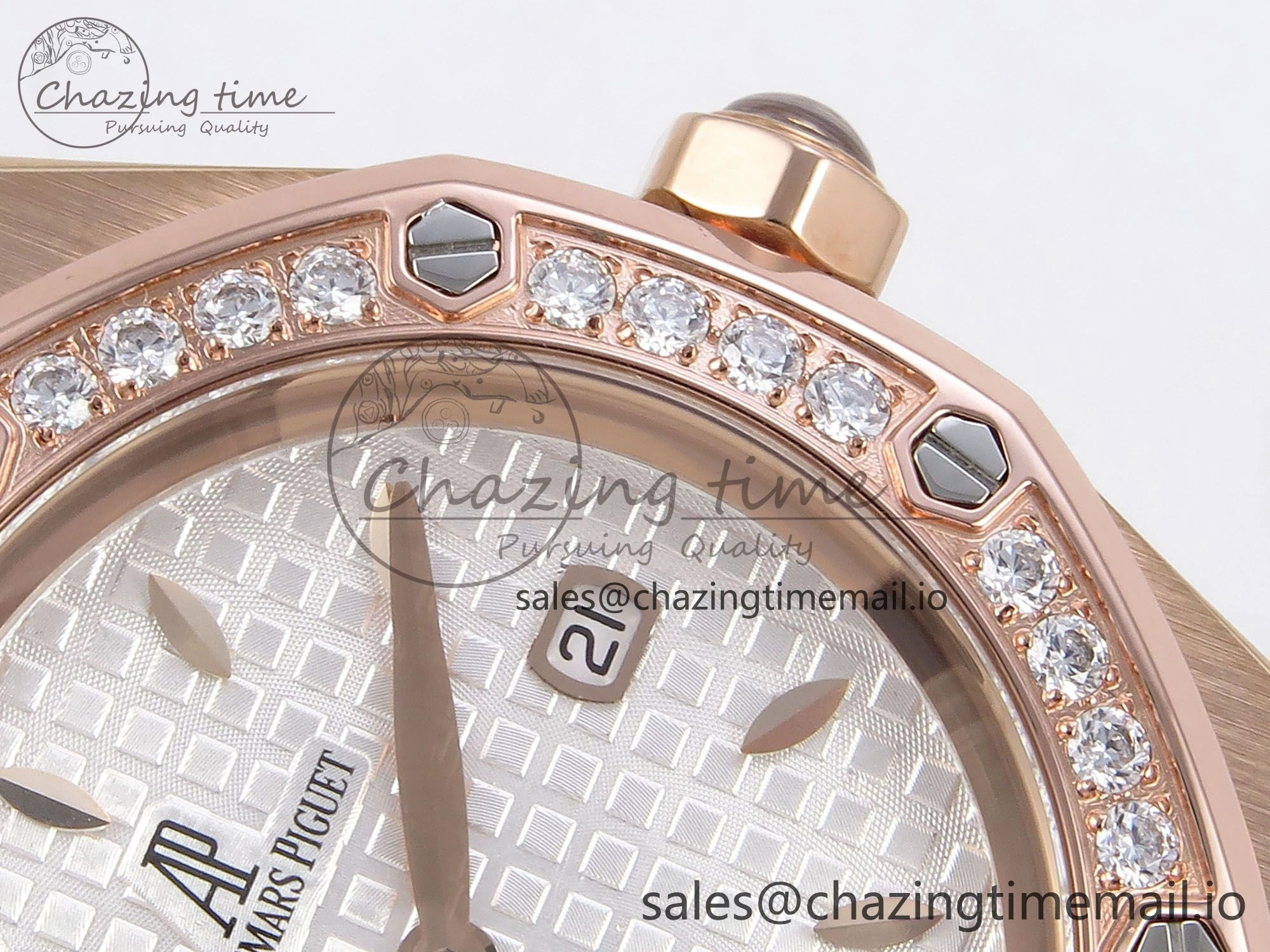 Royal Oak Offshore Ladies 33mm RG DRF Best Edition White Dial Diamonds Bezel on White Rubber Strap ETA Quartz Durable 4399