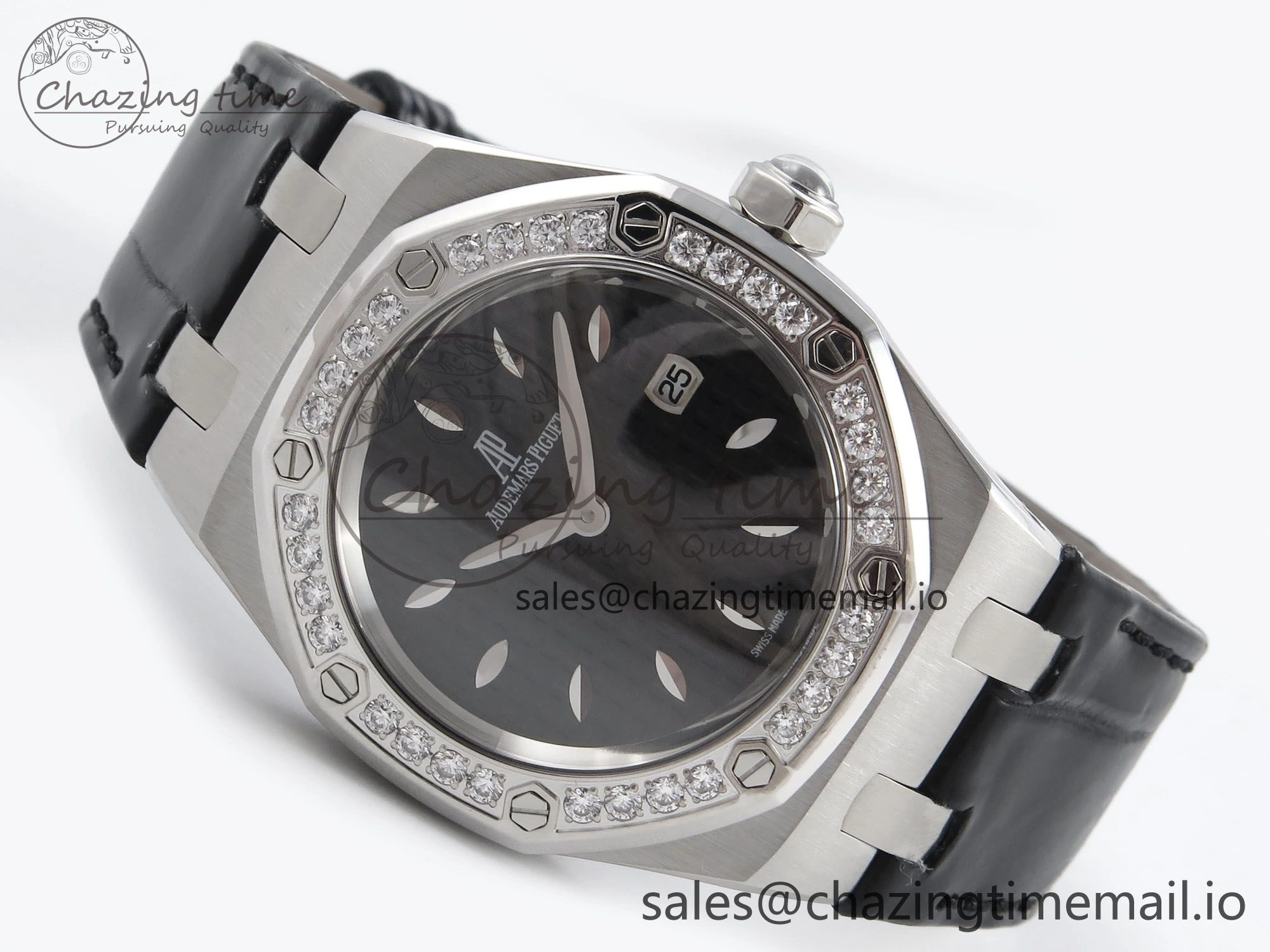 Royal Oak Offshore Ladies 33mm SS DRF Best Edition Black Dial Diamonds Bezel on Black Leather Strap ETA Quartz Affordable 4395