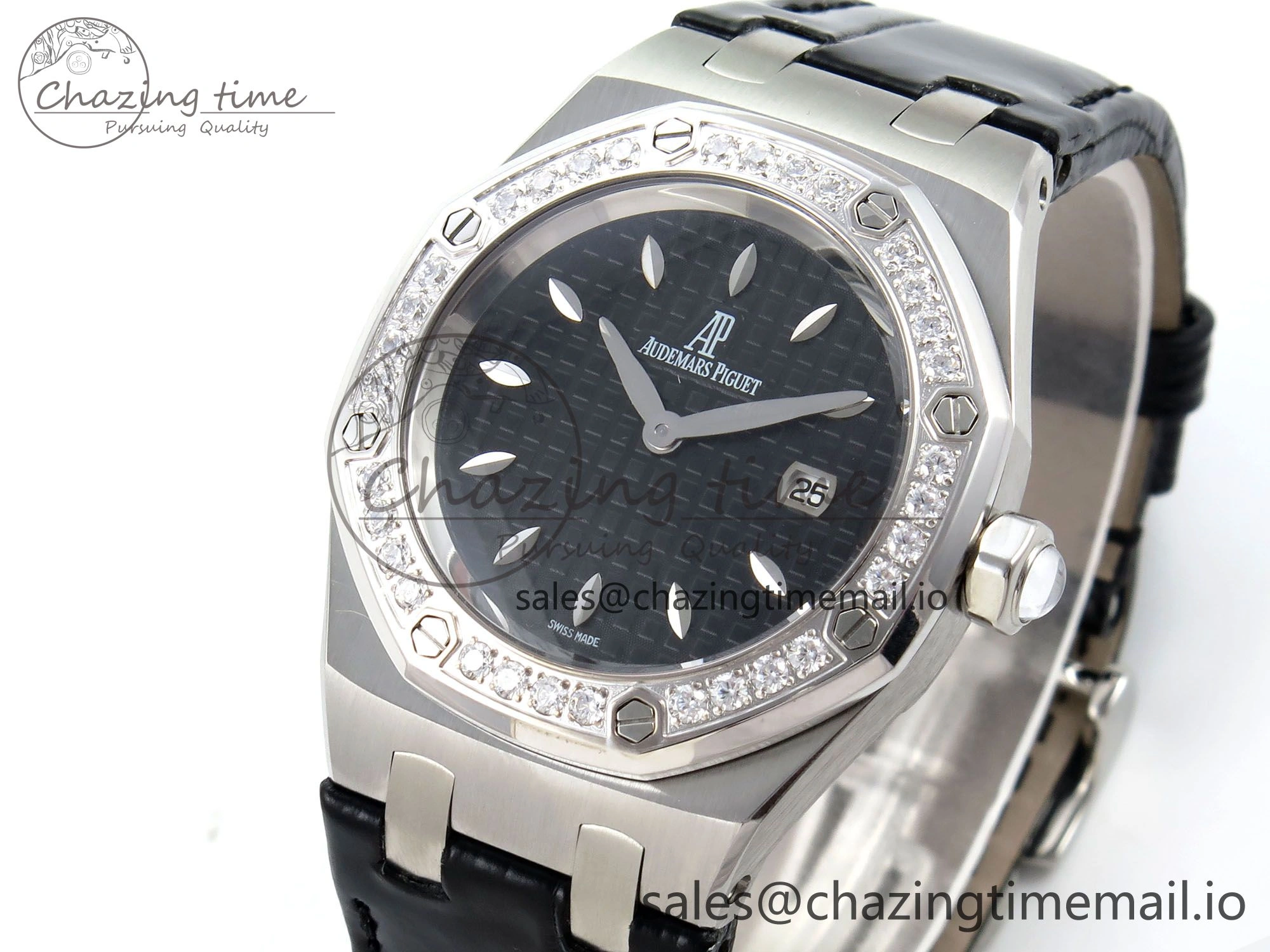 Royal Oak Offshore Ladies 33mm SS DRF Best Edition Black Dial Diamonds Bezel on Black Leather Strap ETA Quartz Affordable 4395