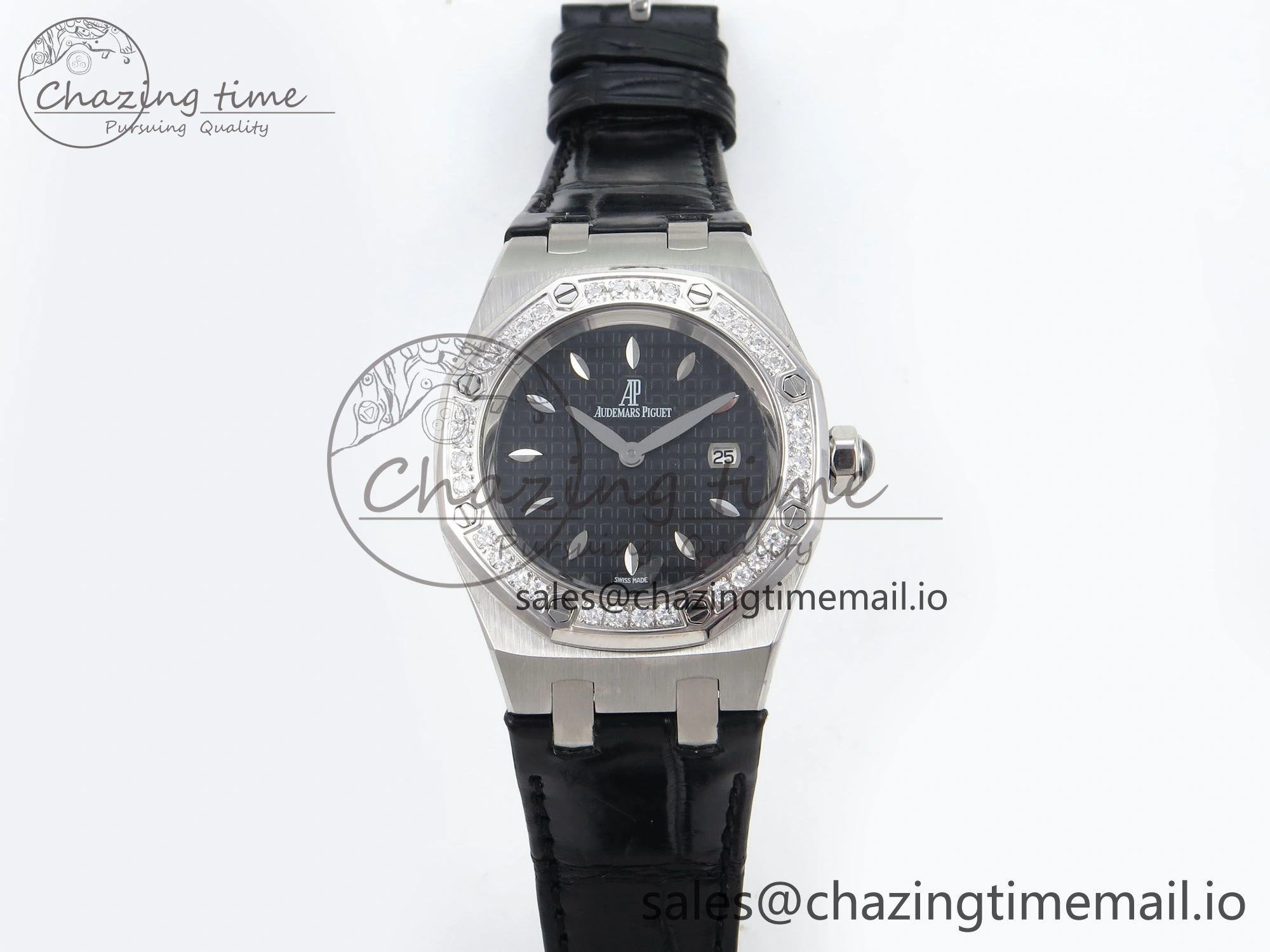 Royal Oak Offshore Ladies 33mm SS DRF Best Edition Black Dial Diamonds Bezel on Black Leather Strap ETA Quartz Affordable 4395